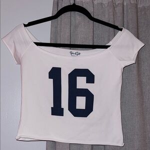 Brandy Melville White Crop Top with Navy Print